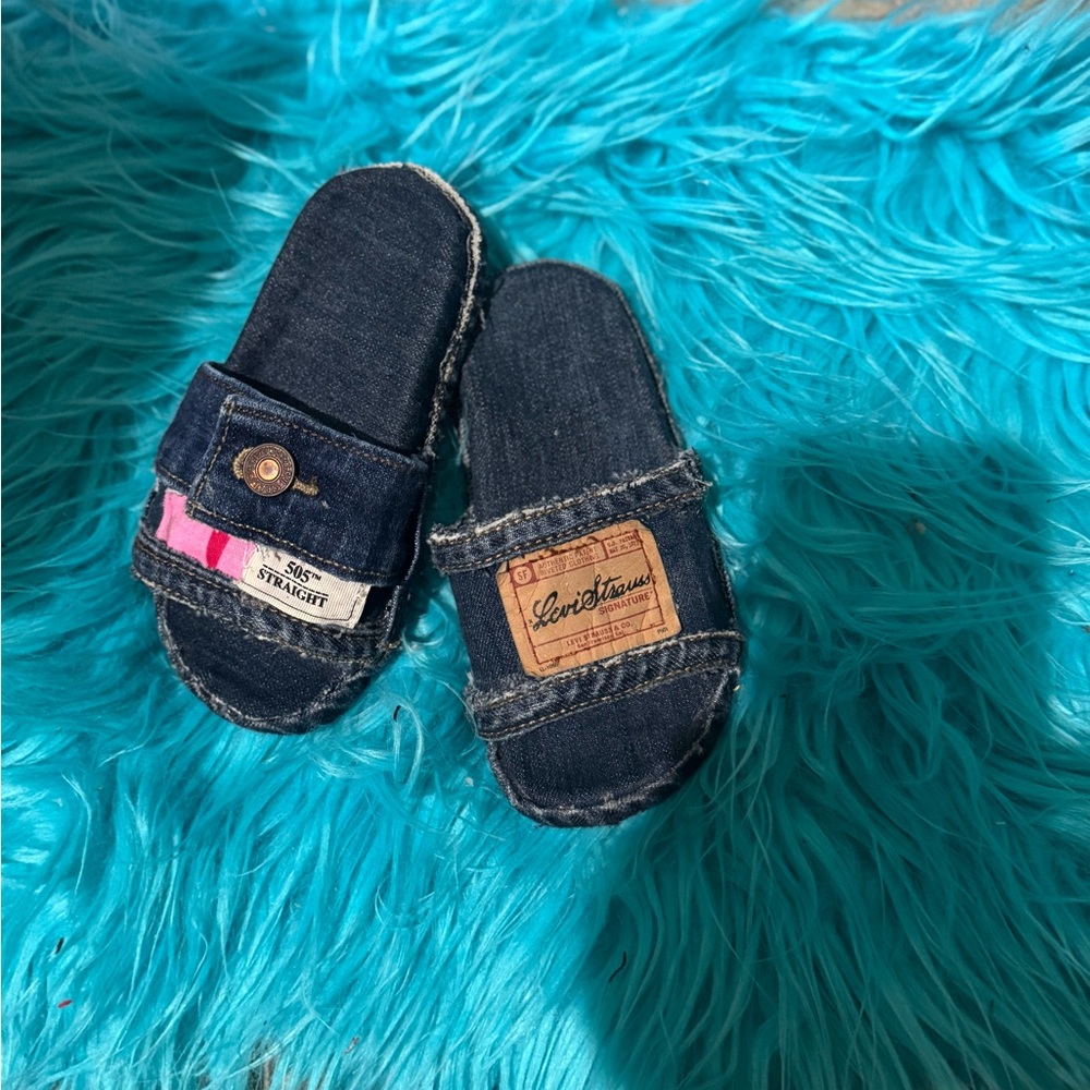 Levi's Blue Denim Slippers with Frayed Edges